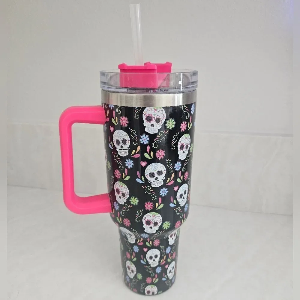 Kirklands Day Of The Dead Floral Travel Tumbler with Pink Handle